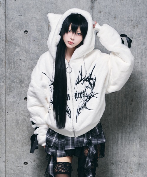 セール】ネコ耳ハートロゴ刺繍ZIPショートファーコート（その他