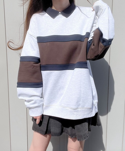 Nana(ナナ)の「裏毛パネル切替スウェットポロ(スウェット・レディース・ネイビー/アッシュグレー・FREE)」の2枚目の写真