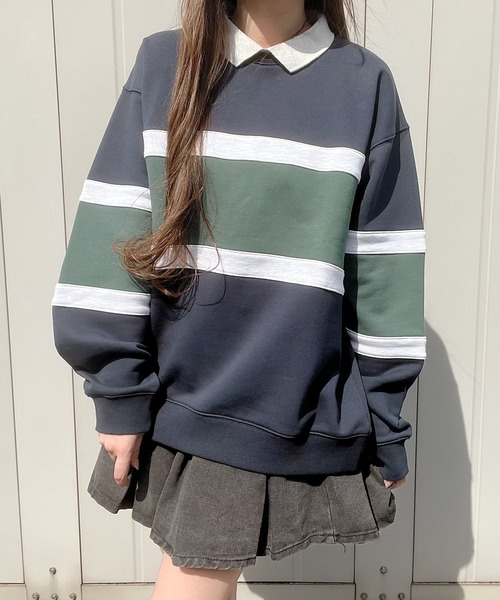 Nana(ナナ)の「裏毛パネル切替スウェットポロ(スウェット・レディース・ネイビー/アッシュグレー・FREE)」の9枚目の写真