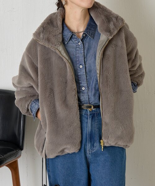 Jena espace merveilleux（ジェナ　エスパスメルヴェイユ）の「エコファースタンドネックジャケット（その他アウター・レディース・グレー/ブラウン・FREE）」の12枚目の写真