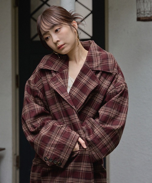 mideal（マイディール）の「check over jacket / チェックオーバージャケット（テーラードジャケット・レディース・ボルドー/ブラック・FREE）」の7枚目の写真