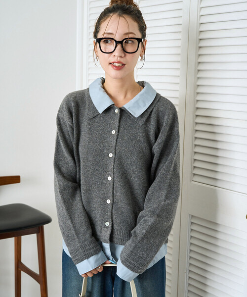 限定展開 シャツ レイヤード風 ドッキング ニット カーディガン