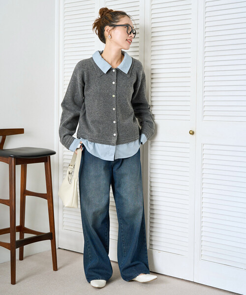 限定展開 シャツ レイヤード風 ドッキング ニット カーディガン