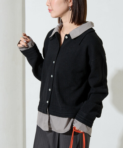 限定展開 シャツ レイヤード風 ドッキング ニット カーディガン