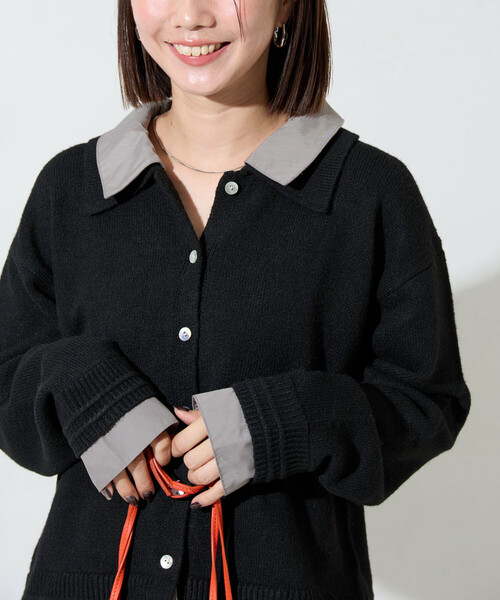 限定展開 シャツ レイヤード風 ドッキング ニット カーディガン