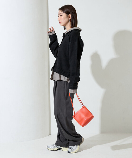 限定展開 シャツ レイヤード風 ドッキング ニット カーディガン