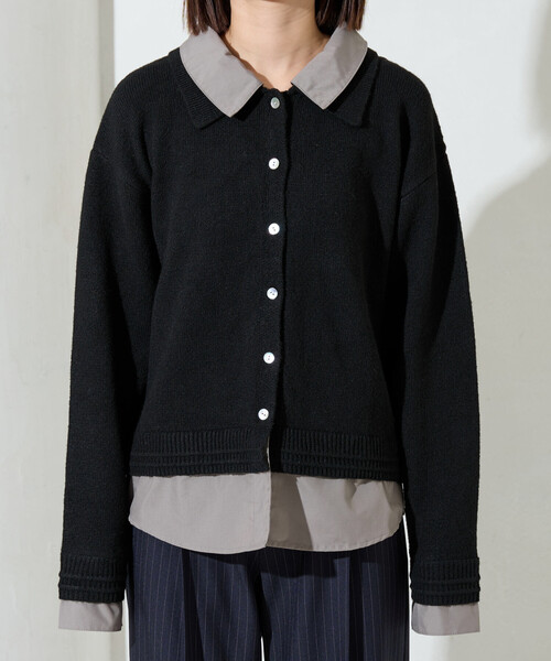 限定展開 シャツ レイヤード風 ドッキング ニット カーディガン