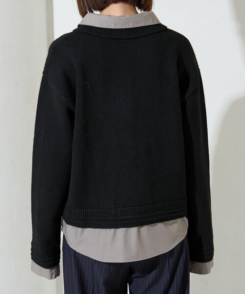 限定展開 シャツ レイヤード風 ドッキング ニット カーディガン