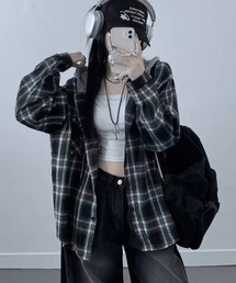 .KOM（ドットコム）の「A'GEM/9 × .kom 『.KOM/ドットケーオーエム』HOOD LAYERED CHECK SHIRT/Y2Kフードレイヤードチェックシャツ（シャツ/ブラウス）」