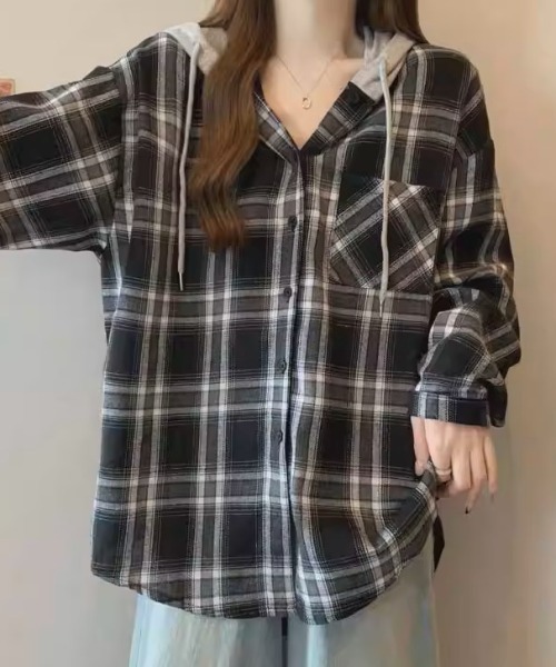 .KOM（ドットコム）の「A'GEM/9 × .kom 『.KOM/ドットケーオーエム』HOOD LAYERED CHECK SHIRT/Y2Kフードレイヤードチェックシャツ（シャツ/ブラウス・レディース・ブルー/ブラック・FREE）」の9枚目の写真