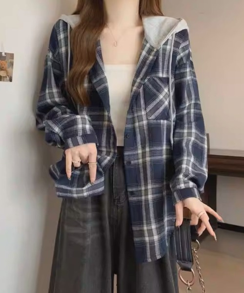 .KOM（ドットコム）の「A'GEM/9 × .kom 『.KOM/ドットケーオーエム』HOOD LAYERED CHECK SHIRT/Y2Kフードレイヤードチェックシャツ（シャツ/ブラウス・レディース・ブルー/ブラック・FREE）」の16枚目の写真