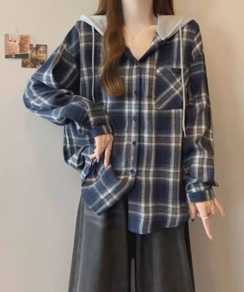 .KOM（ドットコム）の「A'GEM/9 × .kom 『.KOM/ドットケーオーエム』HOOD LAYERED CHECK SHIRT/Y2Kフードレイヤードチェックシャツ（シャツ/ブラウス・レディース・ブルー/ブラック・FREE）」の18枚目の写真