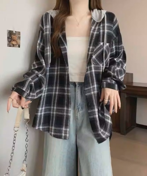 .KOM（ドットコム）の「A'GEM/9 × .kom 『.KOM/ドットケーオーエム』HOOD LAYERED CHECK SHIRT/Y2Kフードレイヤードチェックシャツ（シャツ/ブラウス・レディース・ブルー/ブラック・FREE）」の6枚目の写真