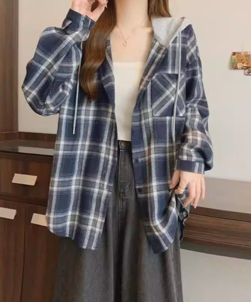 .KOM（ドットコム）の「A'GEM/9 × .kom 『.KOM/ドットケーオーエム』HOOD LAYERED CHECK SHIRT/Y2Kフードレイヤードチェックシャツ（シャツ/ブラウス・レディース・ブルー/ブラック・FREE）」の17枚目の写真