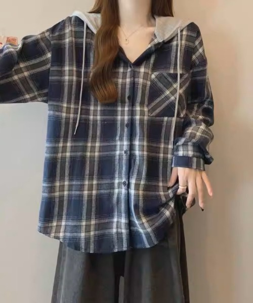 .KOM（ドットコム）の「A'GEM/9 × .kom 『.KOM/ドットケーオーエム』HOOD LAYERED CHECK SHIRT/Y2Kフードレイヤードチェックシャツ（シャツ/ブラウス・レディース・ブルー/ブラック・FREE）」の19枚目の写真