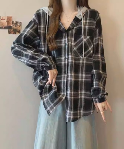 .KOM（ドットコム）の「A'GEM/9 × .kom 『.KOM/ドットケーオーエム』HOOD LAYERED CHECK SHIRT/Y2Kフードレイヤードチェックシャツ（シャツ/ブラウス・レディース・ブルー/ブラック・FREE）」の8枚目の写真