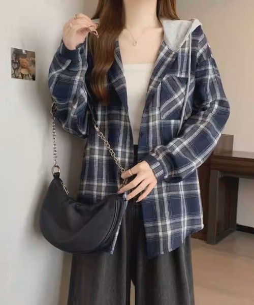 .KOM（ドットコム）の「A'GEM/9 × .kom 『.KOM/ドットケーオーエム』HOOD LAYERED CHECK SHIRT/Y2Kフードレイヤードチェックシャツ（シャツ/ブラウス・レディース・ブルー/ブラック・FREE）」の15枚目の写真