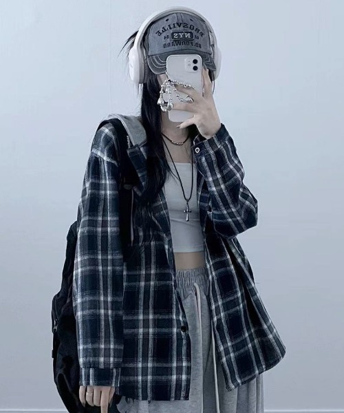 .KOM（ドットコム）の「A'GEM/9 × .kom 『.KOM/ドットケーオーエム』HOOD LAYERED CHECK SHIRT/Y2Kフードレイヤードチェックシャツ（シャツ/ブラウス・レディース・ブルー/ブラック・FREE）」の10枚目の写真