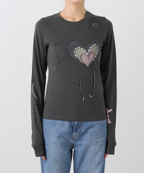 OPEN Yy(オープンワイワイ)の「【Geek Office / ギークオフィス】OPEN YY Knitted BEADED I LOVE YY TEE(Tシャツ/カットソー・レディース・チャコールグレー/ホワイト・SMALL)」の10枚目の写真