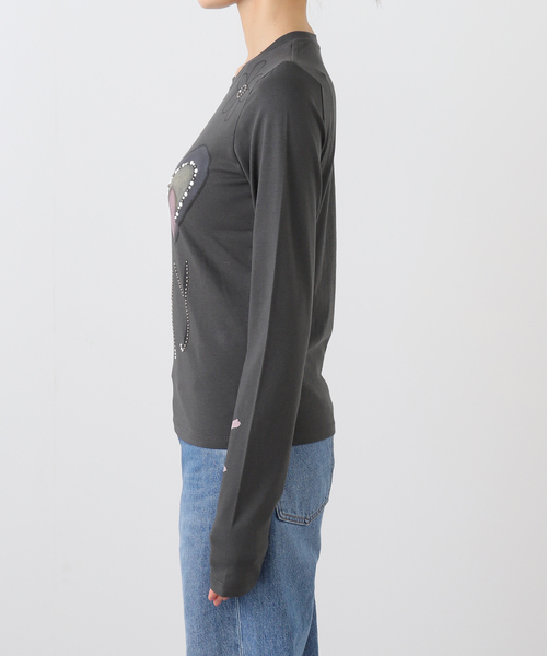 OPEN Yy(オープンワイワイ)の「【Geek Office / ギークオフィス】OPEN YY Knitted BEADED I LOVE YY TEE(Tシャツ/カットソー・レディース・チャコールグレー/ホワイト・SMALL)」の11枚目の写真