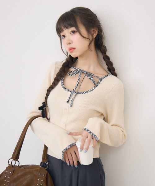 ems excite（エムズエキサイト）の「【新色追加】チェックパイピングNTPO（ニット/セーター・レディース・ブラウン/ブラック/ナチュラル/ダークグレー・FREE）」の6枚目の写真