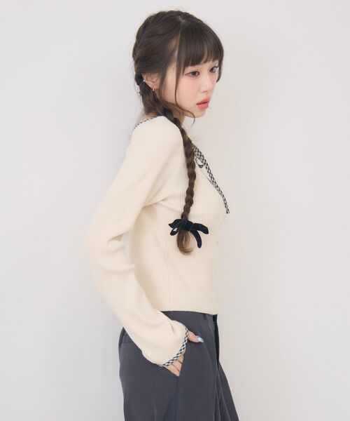 ems excite（エムズエキサイト）の「【新色追加】チェックパイピングNTPO（ニット/セーター・レディース・ブラウン/ブラック/ナチュラル/ダークグレー・FREE）」の13枚目の写真