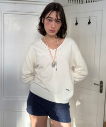 SINOON | Scallop V-Neck Pullover Knit (Cream)(ニット/セーター)