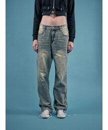 ストレートディープストーンウォッシュデニムパンツ[青色]