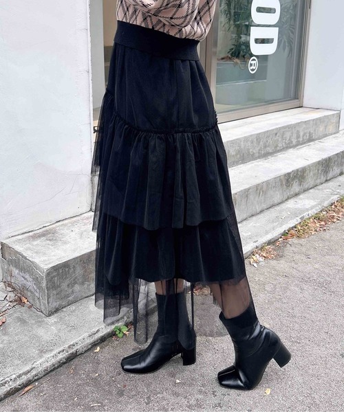 INGNI（イング）の「ランダムティアードチュールスカート（スカート・レディース・ブラック/オフホワイト・FREE）」の10枚目の写真