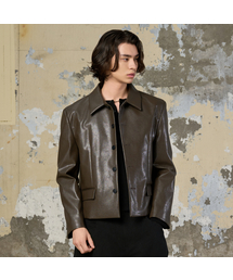 HYOJI（ヒョージ）の「25 FW マッカラ クロップジャケット_レザー (スモーキーカーキ)（ライダースジャケット）」