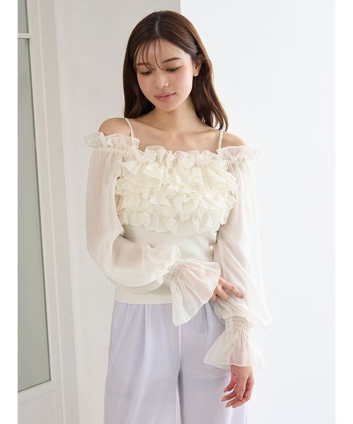 SNIDEL（スナイデル）の「デザインシアーフリルニットプルオーバー（ニット/セーター・レディース・マルチ/ホワイト/イエロー・F）」の5枚目の写真