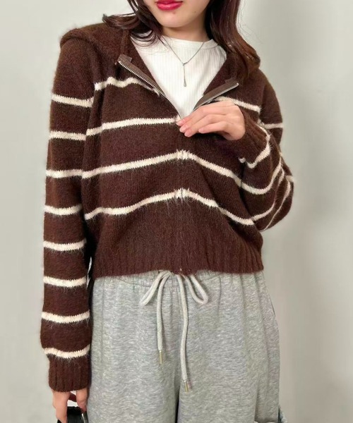 mebole(メボレ)の「Stripe Knit Zip Hoodie(Tシャツ/カットソー・レディース・ホワイト/ブラウン/グレー・FREE)」の3枚目の写真