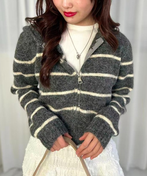 mebole(メボレ)の「Stripe Knit Zip Hoodie(Tシャツ/カットソー・レディース・ホワイト/ブラウン/グレー・FREE)」の2枚目の写真