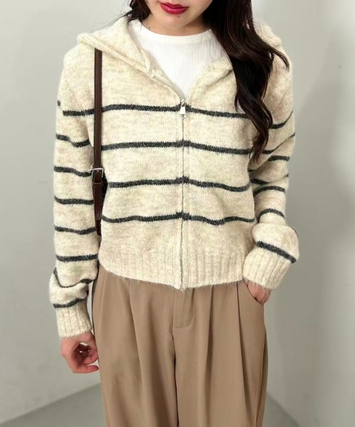 mebole(メボレ)の「Stripe Knit Zip Hoodie(Tシャツ/カットソー・レディース・ホワイト/ブラウン/グレー・FREE)」の9枚目の写真