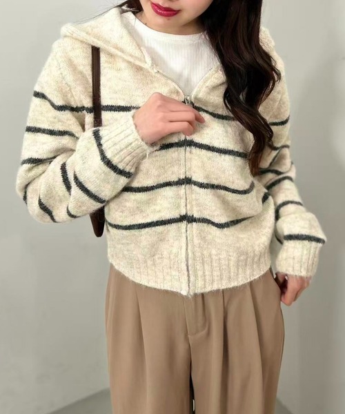 mebole(メボレ)の「Stripe Knit Zip Hoodie(Tシャツ/カットソー・レディース・ホワイト/ブラウン/グレー・FREE)」の10枚目の写真