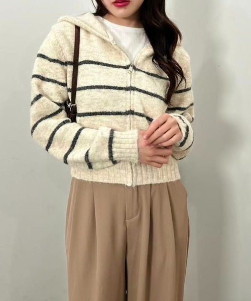 mebole(メボレ)の「Stripe Knit Zip Hoodie(Tシャツ/カットソー・レディース・ホワイト/ブラウン/グレー・FREE)」の8枚目の写真