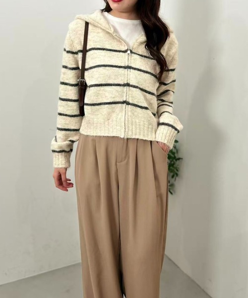 mebole(メボレ)の「Stripe Knit Zip Hoodie(Tシャツ/カットソー・レディース・ホワイト/ブラウン/グレー・FREE)」の13枚目の写真