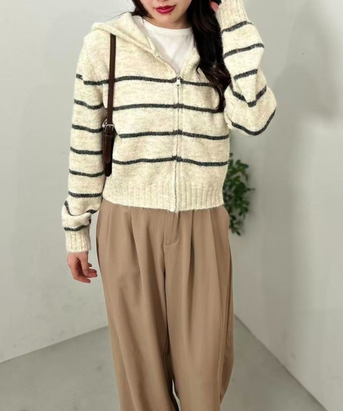 mebole(メボレ)の「Stripe Knit Zip Hoodie(Tシャツ/カットソー・レディース・ホワイト/ブラウン/グレー・FREE)」の14枚目の写真