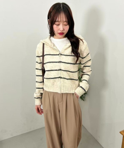 mebole(メボレ)の「Stripe Knit Zip Hoodie(Tシャツ/カットソー・レディース・ホワイト/ブラウン/グレー・FREE)」の11枚目の写真