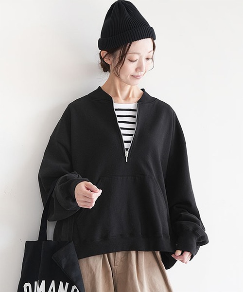 SOLAMONAT(ソラモナ)の「ふわりと裏毛 ハーフジッププルオーバー(Tシャツ/カットソー・レディース・杢グレー/ブラック/オートミール・FREE)」の2枚目の写真
