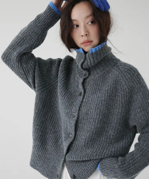 VIBGYOR（ヴィブジョー）の「配色スタンドネックリブボタンカーディガン(CZ)（カーディガン/ボレロ・レディース・ブラウン/チャコール・F）」の6枚目の写真