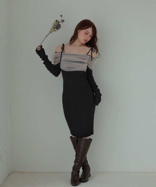 M DOLLY(エムドリー)の「*M DOLLY original* chiffon terra knit dress/シフォンテラニットドレス(ワンピース・レディース・ベージュ/ブラック・FREE)」の2枚目の写真