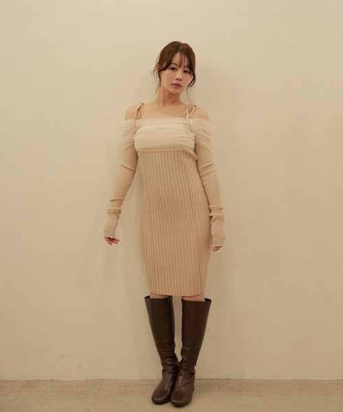 M DOLLY(エムドリー)の「*M DOLLY original* chiffon terra knit dress/シフォンテラニットドレス(ワンピース・レディース・ベージュ/ブラック・FREE)」の3枚目の写真