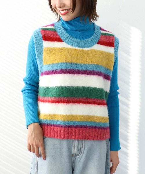 Three Four Time(スリーフォータイム)の「ランダムマルチボーダーベスト(ニット/セーター・レディース・パープル/ブルー・FREE)」の1枚目の写真