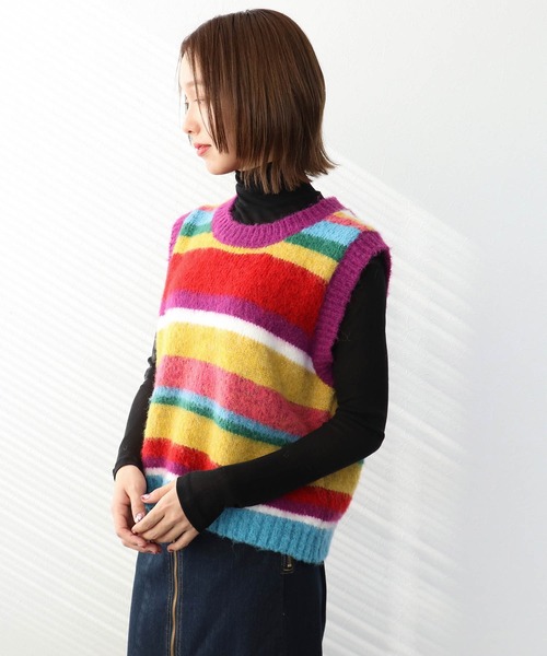 Three Four Time(スリーフォータイム)の「ランダムマルチボーダーベスト(ニット/セーター・レディース・パープル/ブルー・FREE)」の9枚目の写真