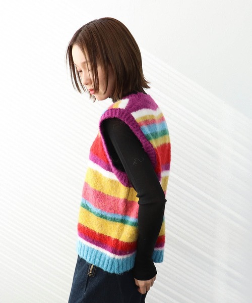 Three Four Time(スリーフォータイム)の「ランダムマルチボーダーベスト(ニット/セーター・レディース・パープル/ブルー・FREE)」の10枚目の写真