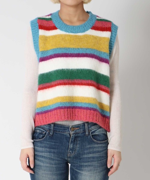 Three Four Time(スリーフォータイム)の「ランダムマルチボーダーベスト(ニット/セーター・レディース・パープル/ブルー・FREE)」の15枚目の写真