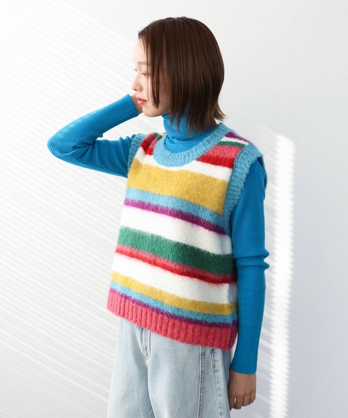 Three Four Time(スリーフォータイム)の「ランダムマルチボーダーベスト(ニット/セーター・レディース・パープル/ブルー・FREE)」の3枚目の写真