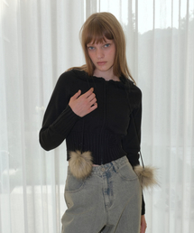 POM-POM KNIT HOOD ZIP-UP [BLACK]