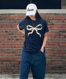 リボンプリントオーバーサイズ半袖Tシャツ(ネイビー)